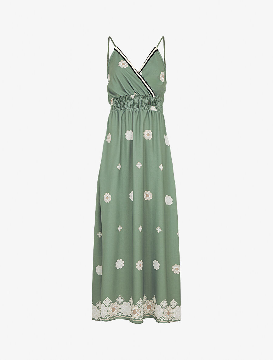 Robe longue fines bretelles et motif floral - Kaki - 1