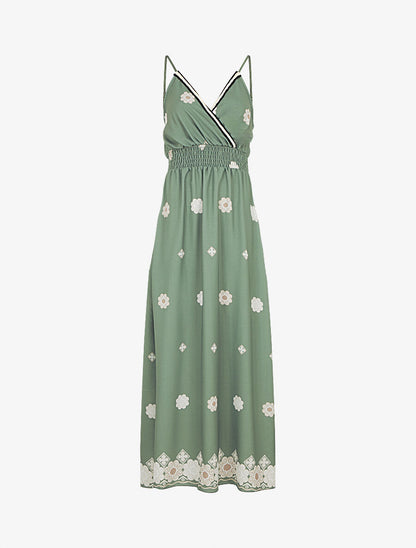 Robe longue fines bretelles et motif floral - Kaki - 1