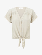 Blouse unie à nouer et détail broderies - Beige - 1