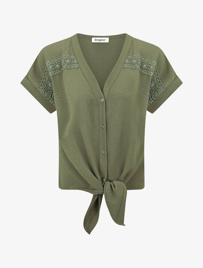 Blouse unie à nouer et détail broderies - Kaki - 4
