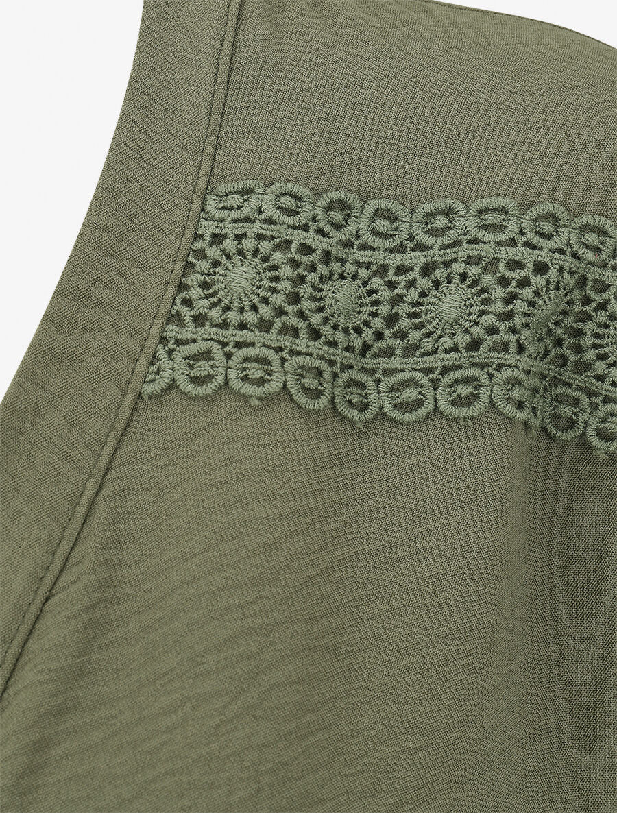 Blouse unie à nouer et détail broderies - Kaki - 3
