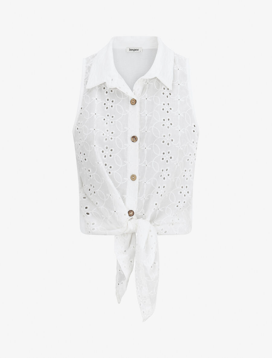 Blouse unie boutonnée sans manches - Blanc - 4