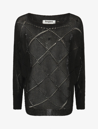 Pull en maille ajourée à motif quadrillé - Noir - 1