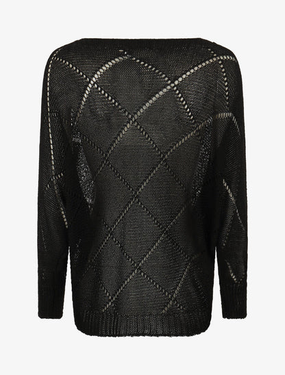 Pull en maille ajourée à motif quadrillé - Noir - 2