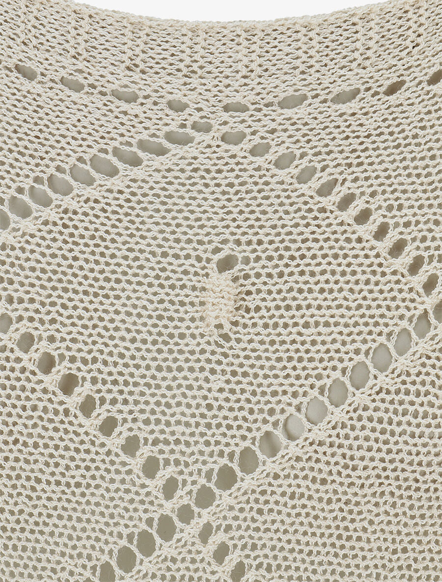 Pull en maille ajourée à motif quadrillé - Beige - 3