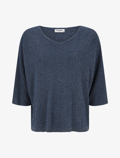 Pull fin irisé à manches courtes - Marine - 1