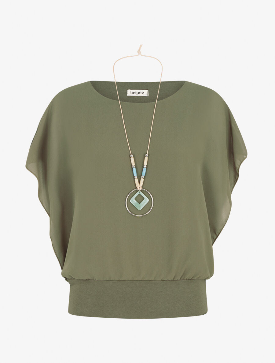 Top uni en voile à manches volantées - Kaki - 4