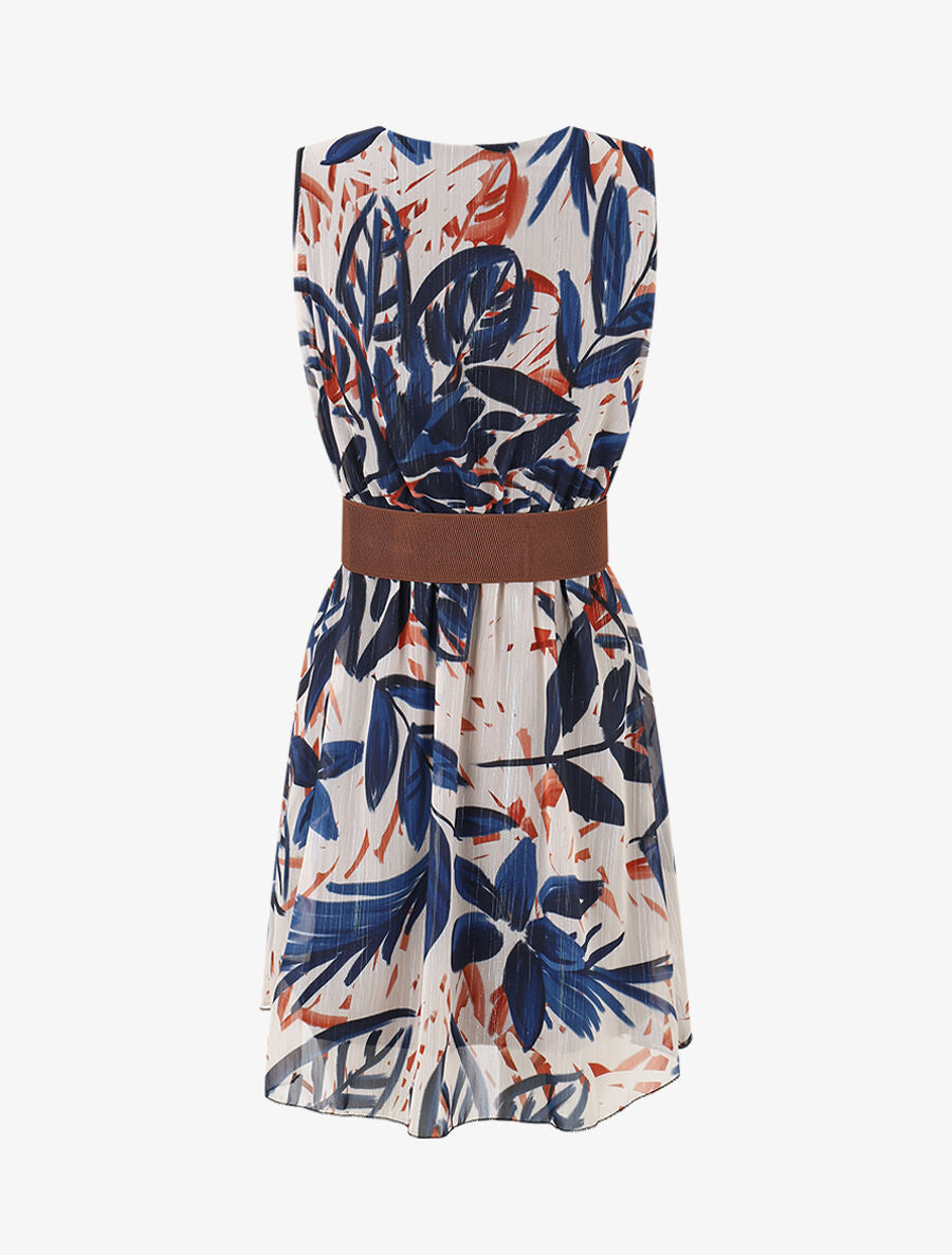 Robe courte sans manches imprimé feuilles irisé - Marine - 2