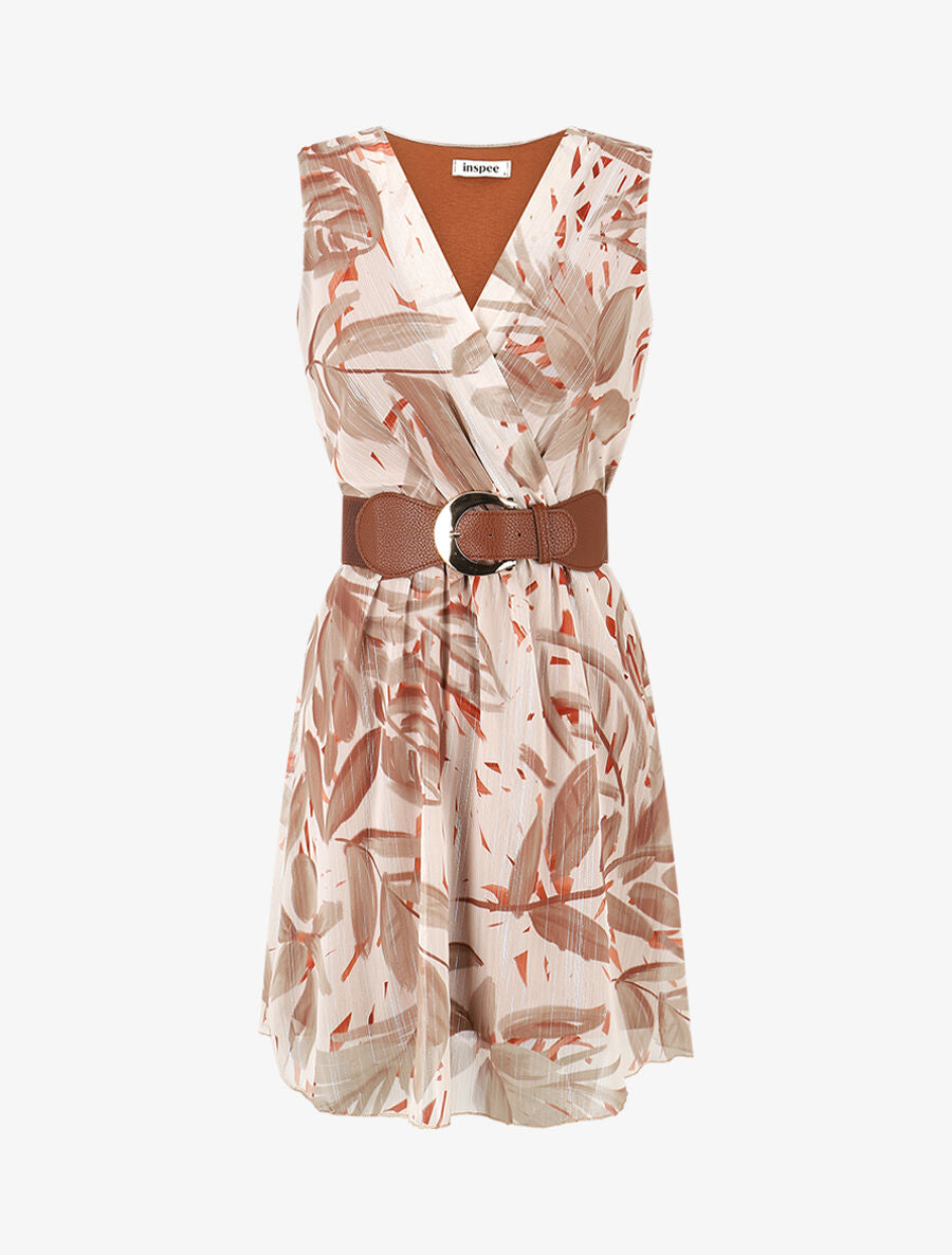 Robe courte sans manches imprimé feuilles irisé - Camel - 4