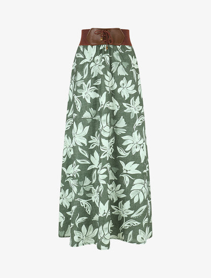 Jupe longue évasée imprimé floral - Kaki - 4
