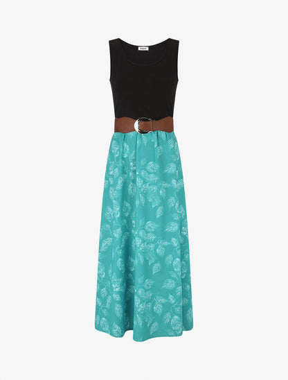 Robe bicolore imprimé feuillage - Vert - 1