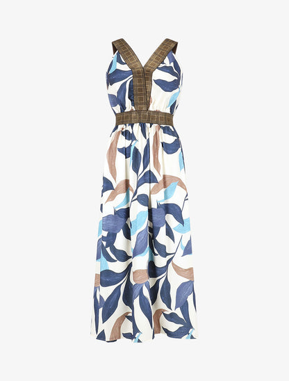 Robe longue à détail irisées et imprimé feuilles - Marine - 4