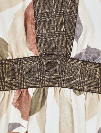 Robe longue à détail irisées et imprimé feuilles - Beige - 3