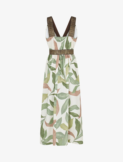 Robe longue à détail irisées et imprimé feuilles - Kaki - 2