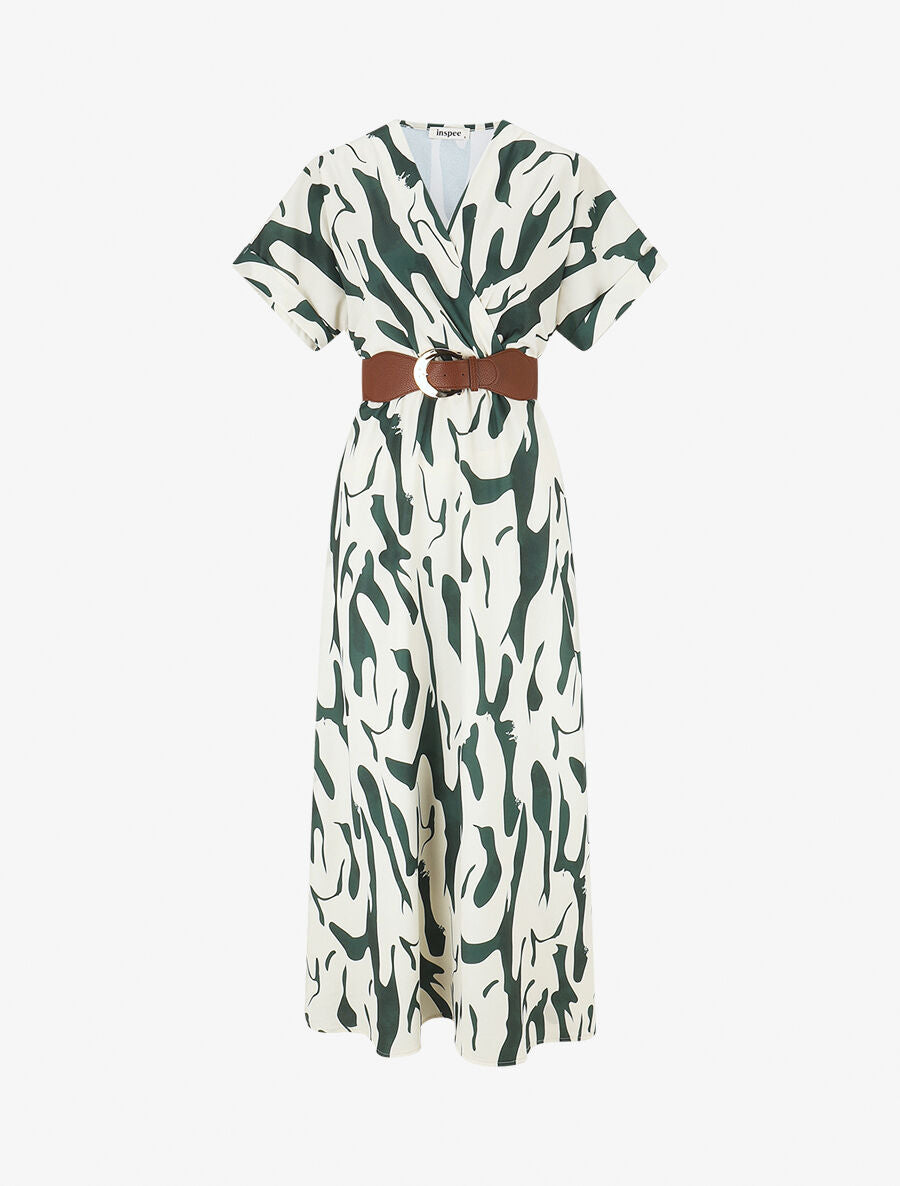 Robe longue à cache-coeur imprimé abstrait - Kaki - 1