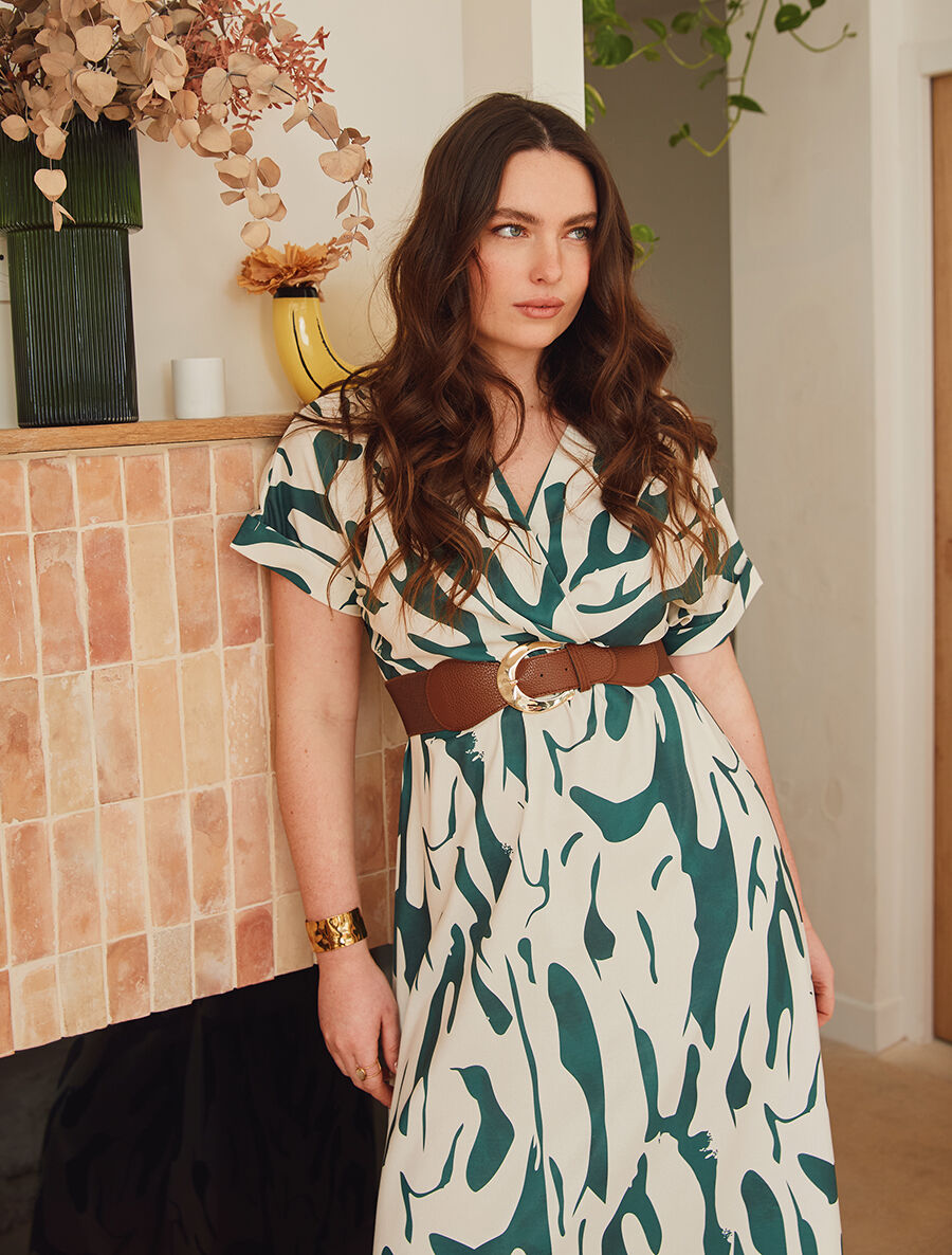 Robe longue à cache-coeur imprimé abstrait - Kaki - 5