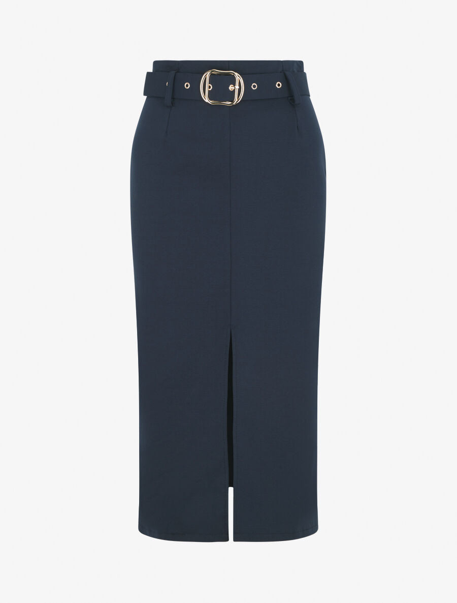 Jupe droite mi-longue unie - Marine - 4