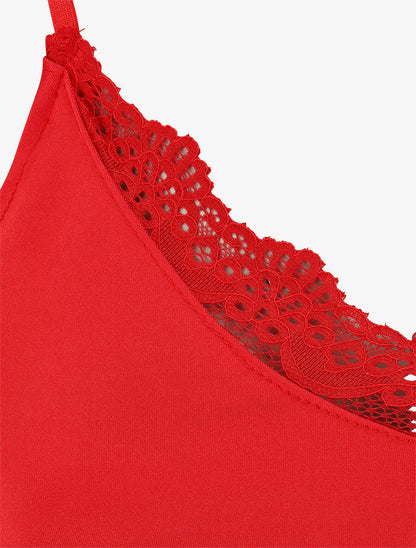 Body uni à détail dentelle - Rouge - 3