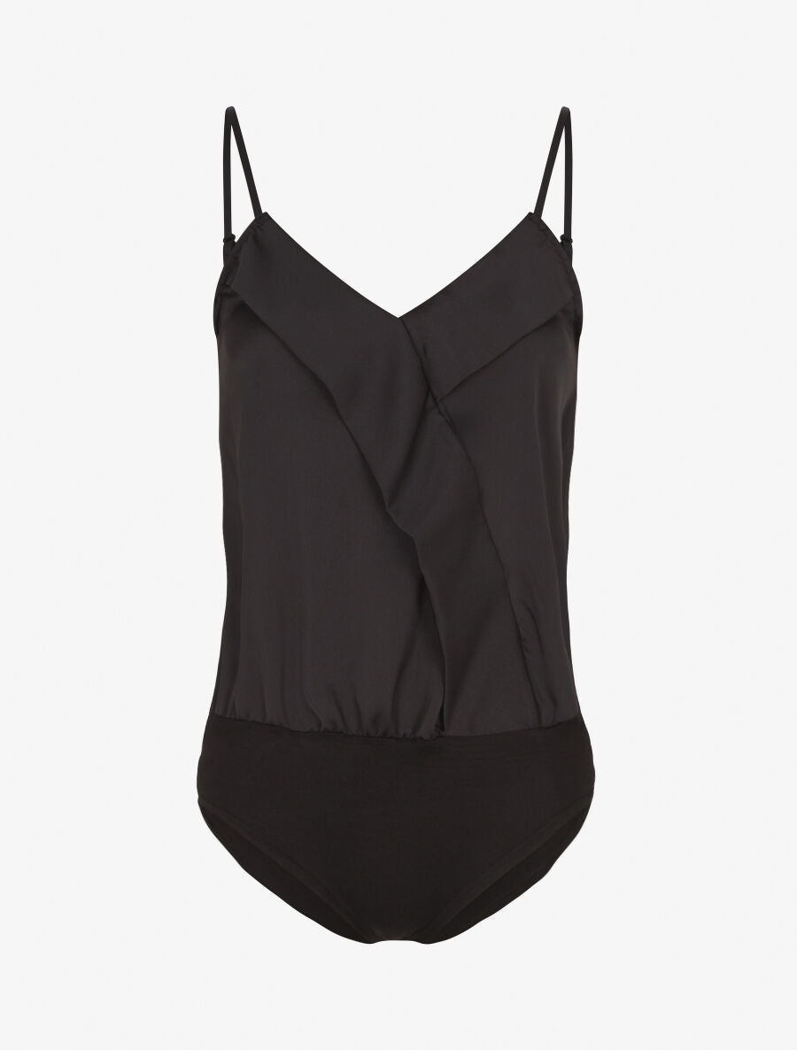 Body satiné à col V et fines bretelles - Noir - 1