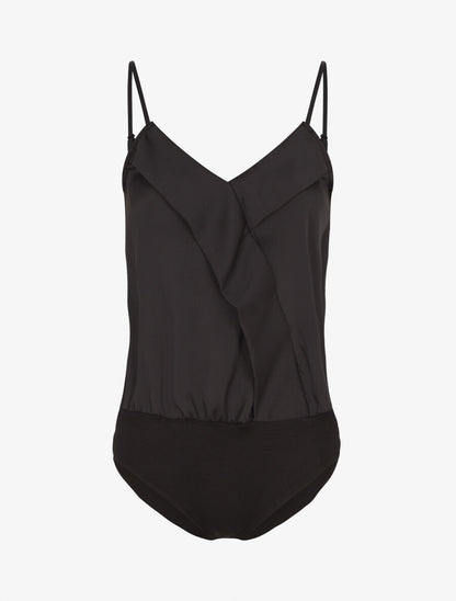 Body satiné à col V et fines bretelles - Noir - 1