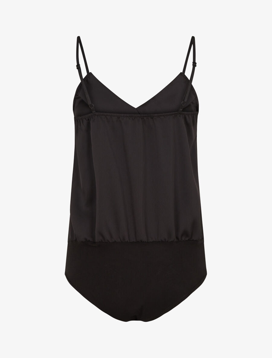 Body satiné à col V et fines bretelles - Noir - 2