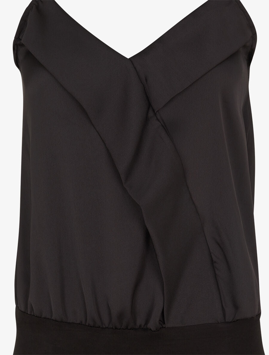 Body satiné à col V et fines bretelles - Noir - 3