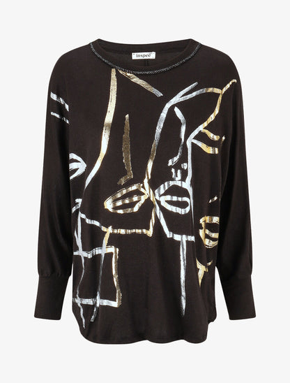 Pull fin droit flocage stylisé irisé - Noir - 4