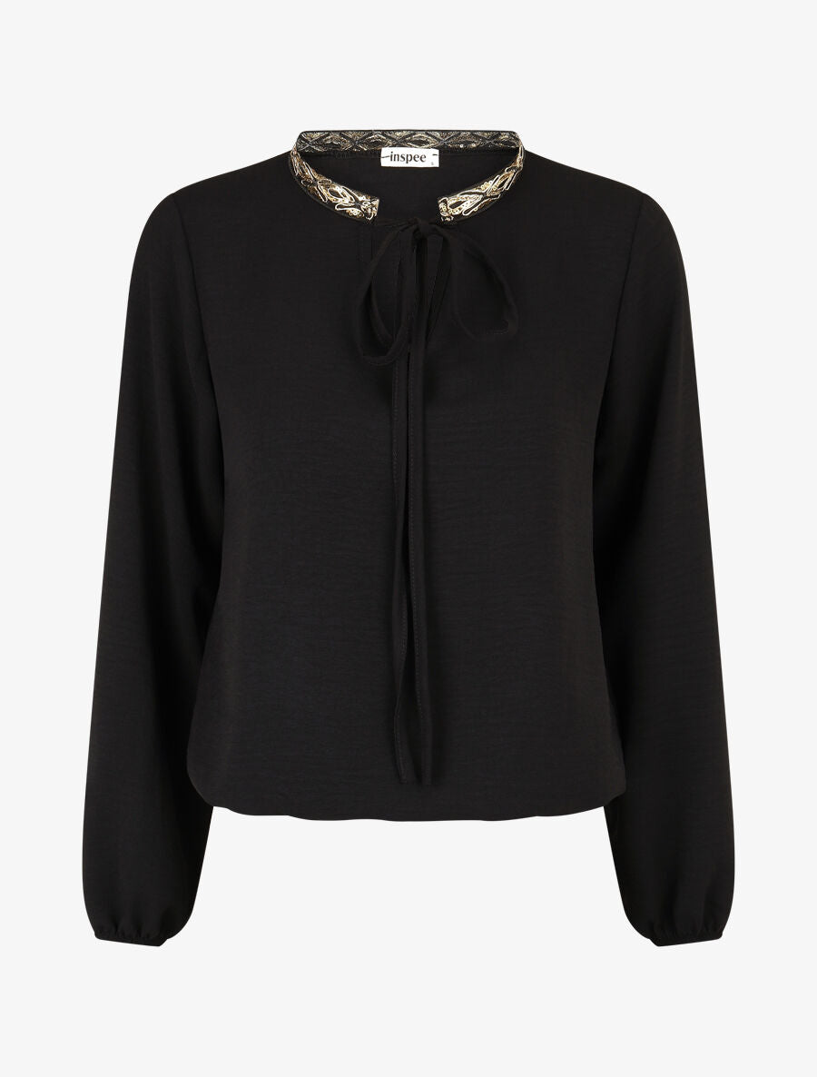 Blouse unie à nouer et col a sequins - Noir - 4
