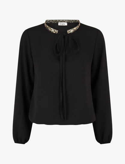 Blouse unie à nouer et col a sequins - Noir - 4