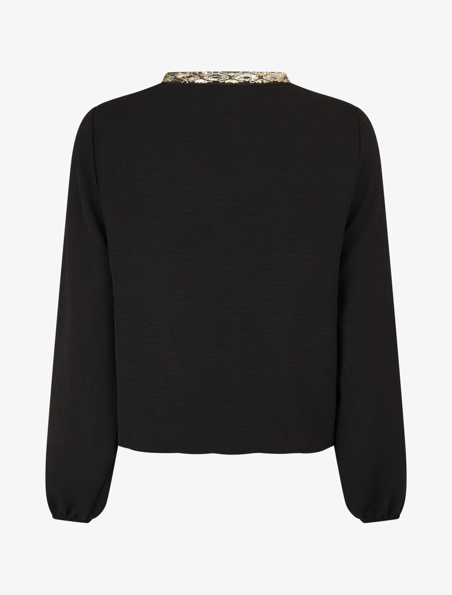 Blouse unie à nouer et col a sequins - Noir - 2