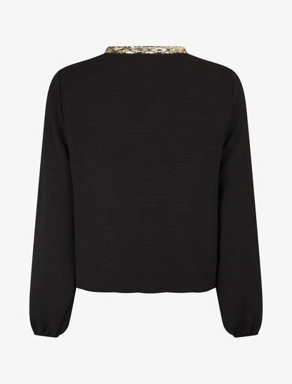 Blouse unie à nouer et col a sequins - Noir - 2