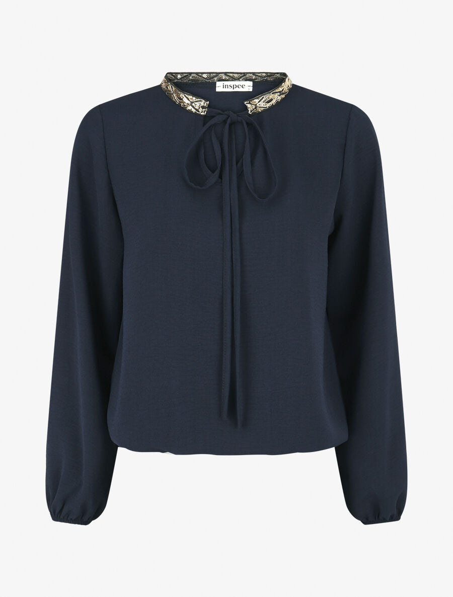 Blouse unie à nouer et col a sequins - Marine - 4