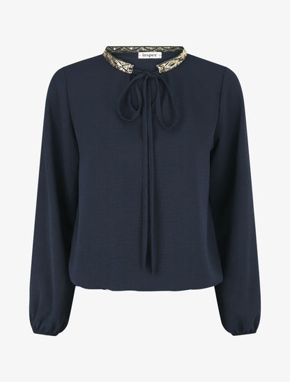 Blouse unie à nouer et col a sequins - Marine - 4
