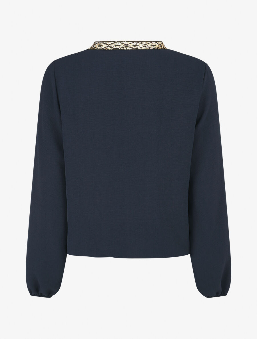 Blouse unie à nouer et col a sequins - Marine - 2