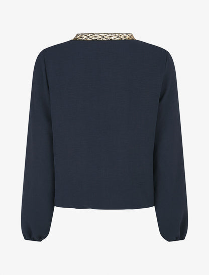 Blouse unie à nouer et col a sequins - Marine - 2