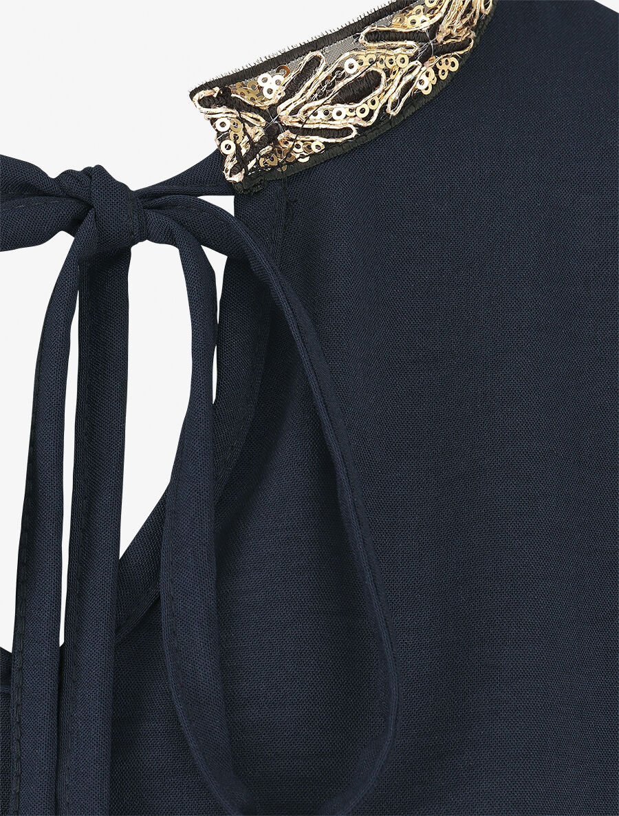 Blouse unie à nouer et col a sequins - Marine - 3