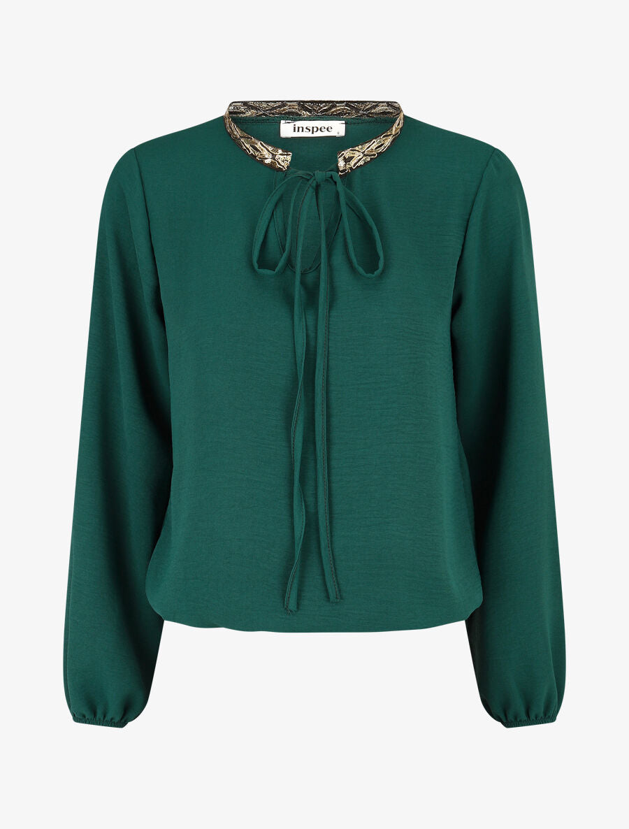Blouse unie à nouer et col a sequins - Vert sapin - 1
