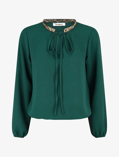 Blouse unie à nouer et col a sequins - Vert sapin - 1