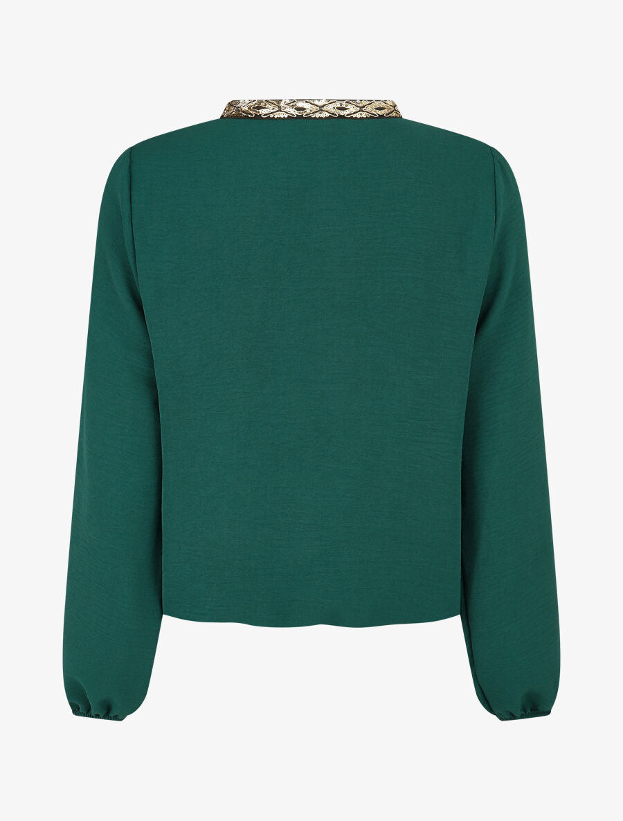 Blouse unie à nouer et col a sequins - Vert sapin - 2