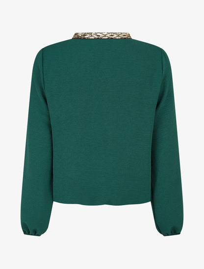 Blouse unie à nouer et col a sequins - Vert sapin - 2