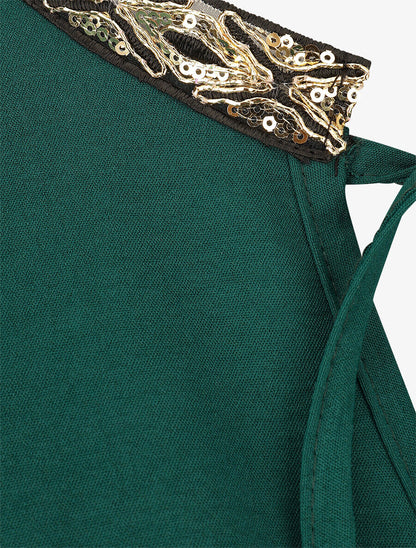 Blouse unie à nouer et col a sequins - Vert sapin - 3