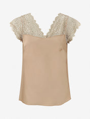 Top satiné à mancherons en dentelle - Beige - 1