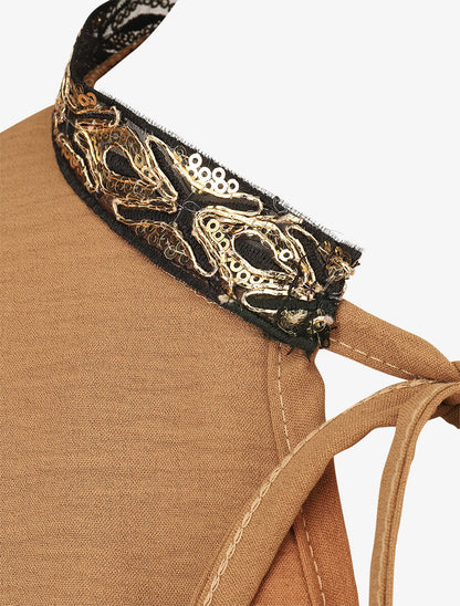 Blouse unie à nouer et col a sequins - Camel - 3