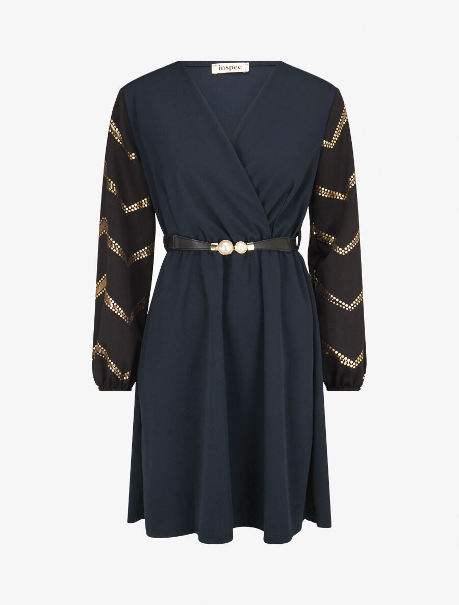 Robe patineuse à manches à imprimés dorés - Marine - 1