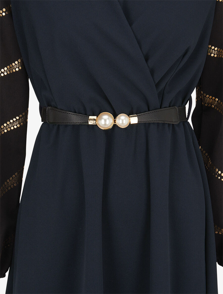 Robe patineuse à manches à imprimés dorés - Marine - 3
