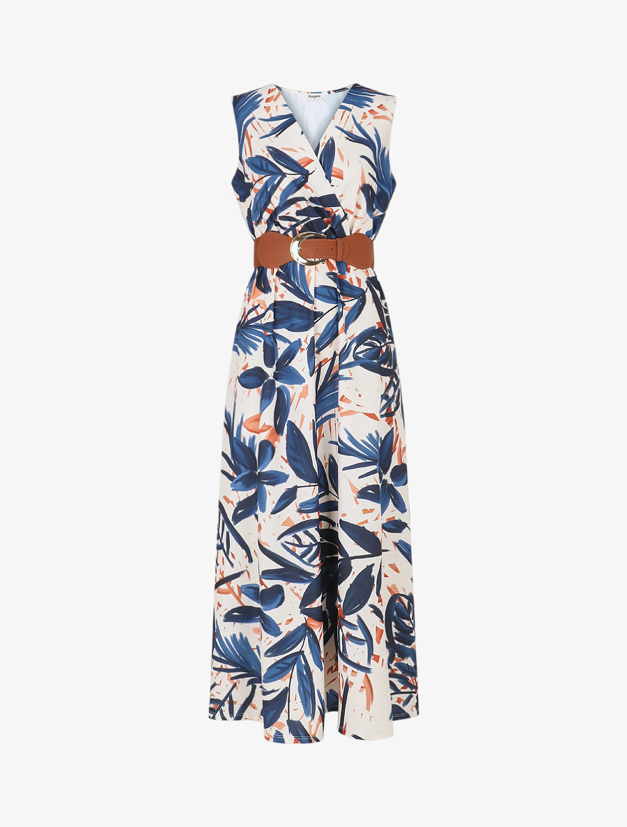 Robe longue élastiquée imprimé feuillage - Marine - 1