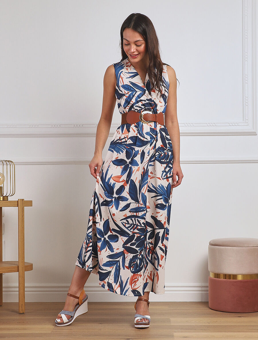 Robe longue élastiquée imprimé feuillage - Marine - 8