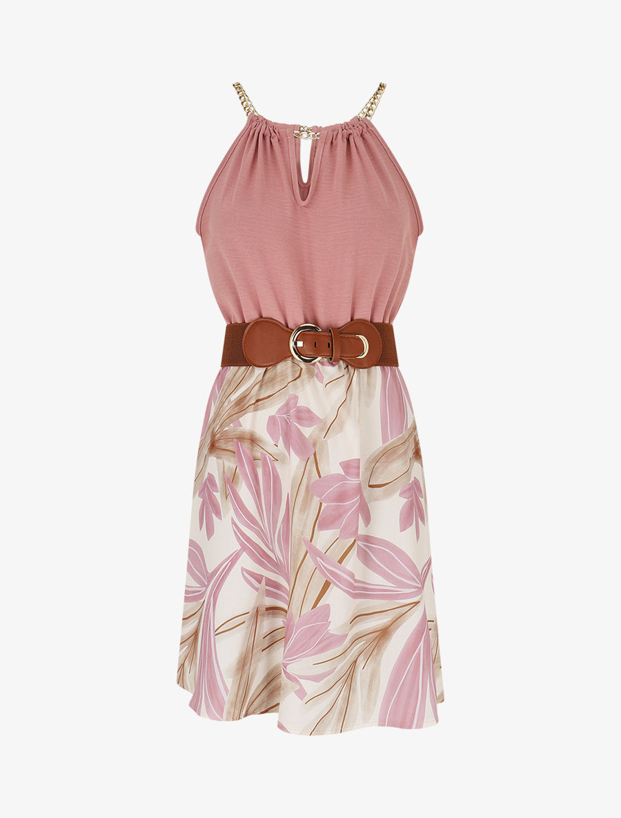 Robe mi-longue imprimé feuillage à bretelles en chaîne - Vieux rose - 1