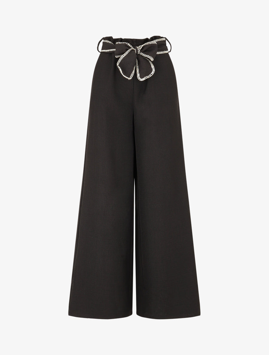 Pantalon ample taille haute à ceinture fantaisie - Noir - 1