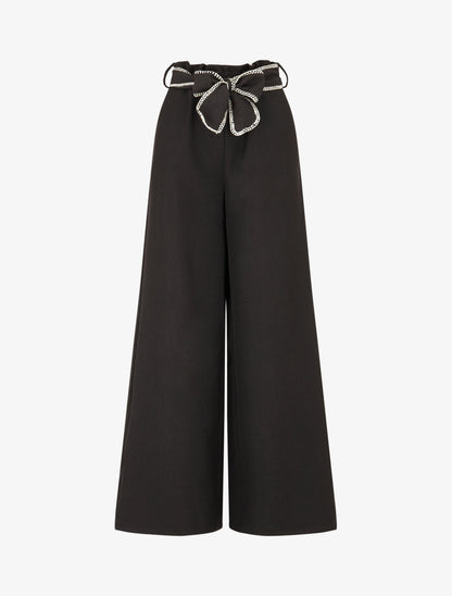 Pantalon ample taille haute à ceinture fantaisie - Noir - 1
